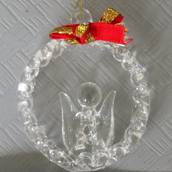 Vintage Clear Spun Glass Crystal Angel in Wreath Hanging Holiday Ornament - Picture 2 of 15
